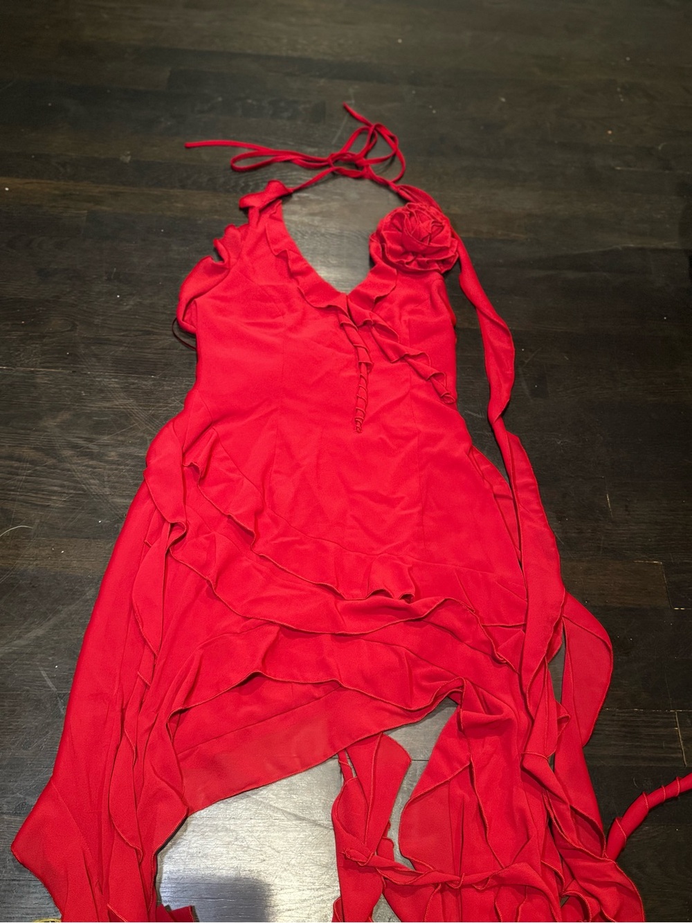 Fashion Nova Red Ruffled Halter Slip Dress with Floral Accent